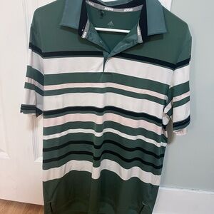 Adidas Men's Green and White Striped Polo and purple polo